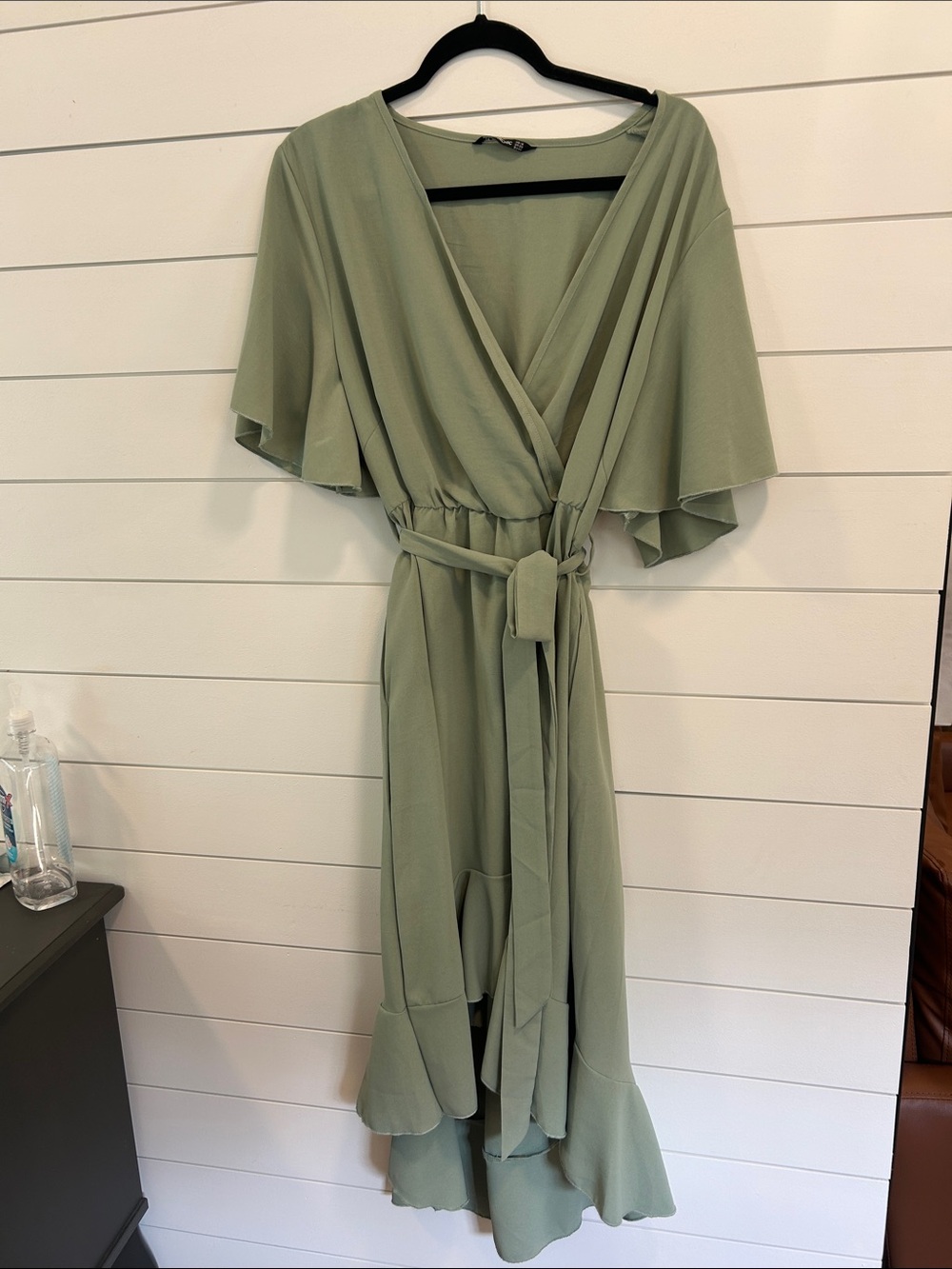 Tie-Waist Sage Green Wrap Dress - Women